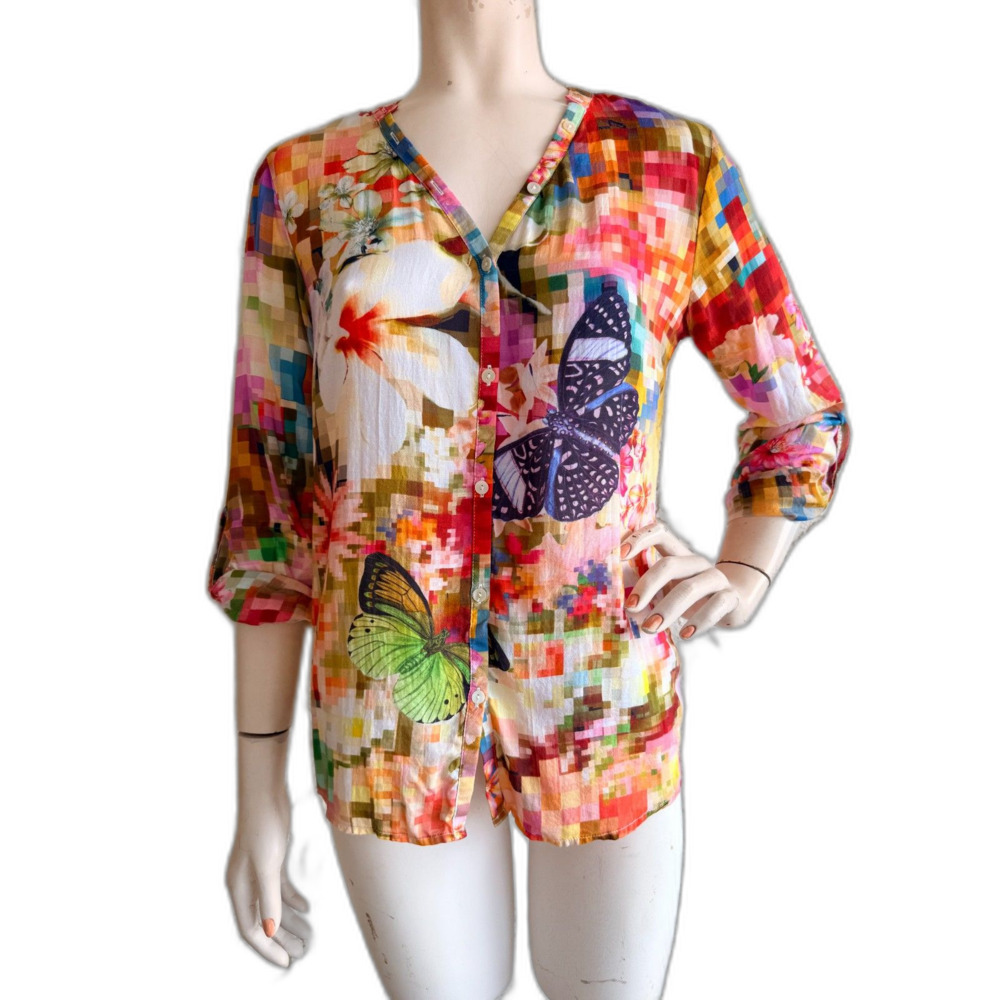 DESIGUAL Top Colorful Floral Butterfly Rainbow Print 100% Modal Size M